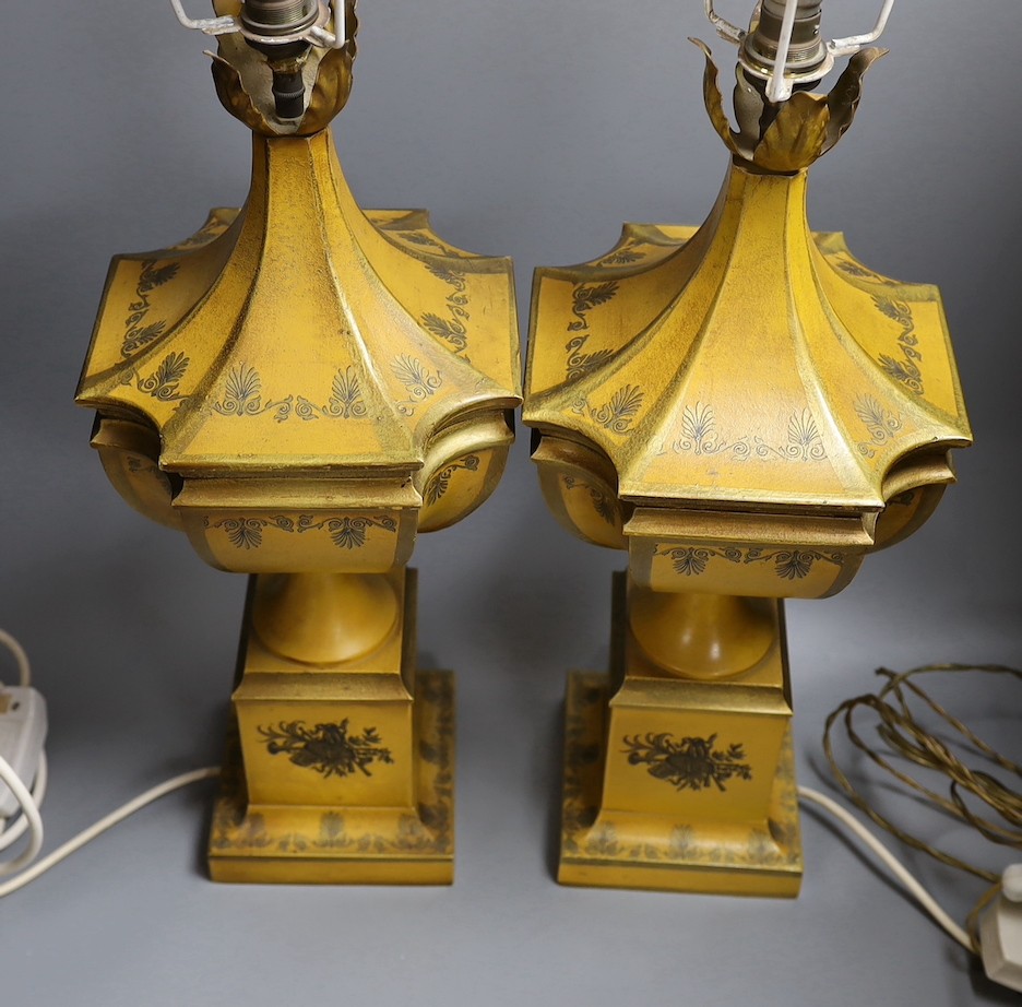 A pair of decorative painted table toleware lamps, on squared base - 69cm high